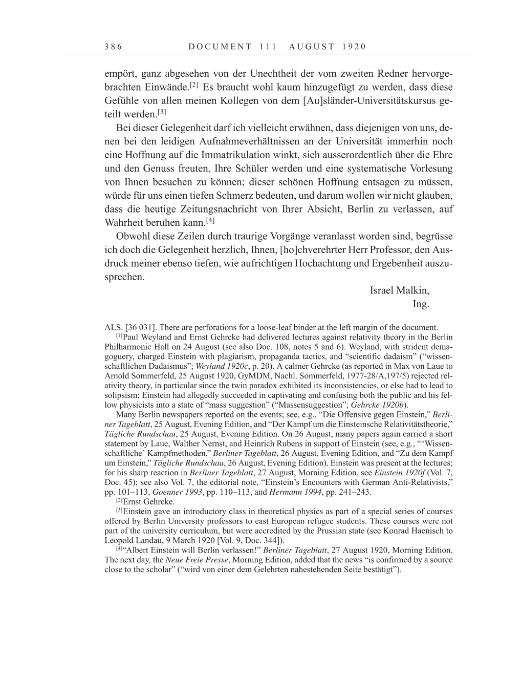 Volume 10: The Berlin Years: Correspondence May-December 1920 / Supplementary Correspondence 1909-1920 page 386