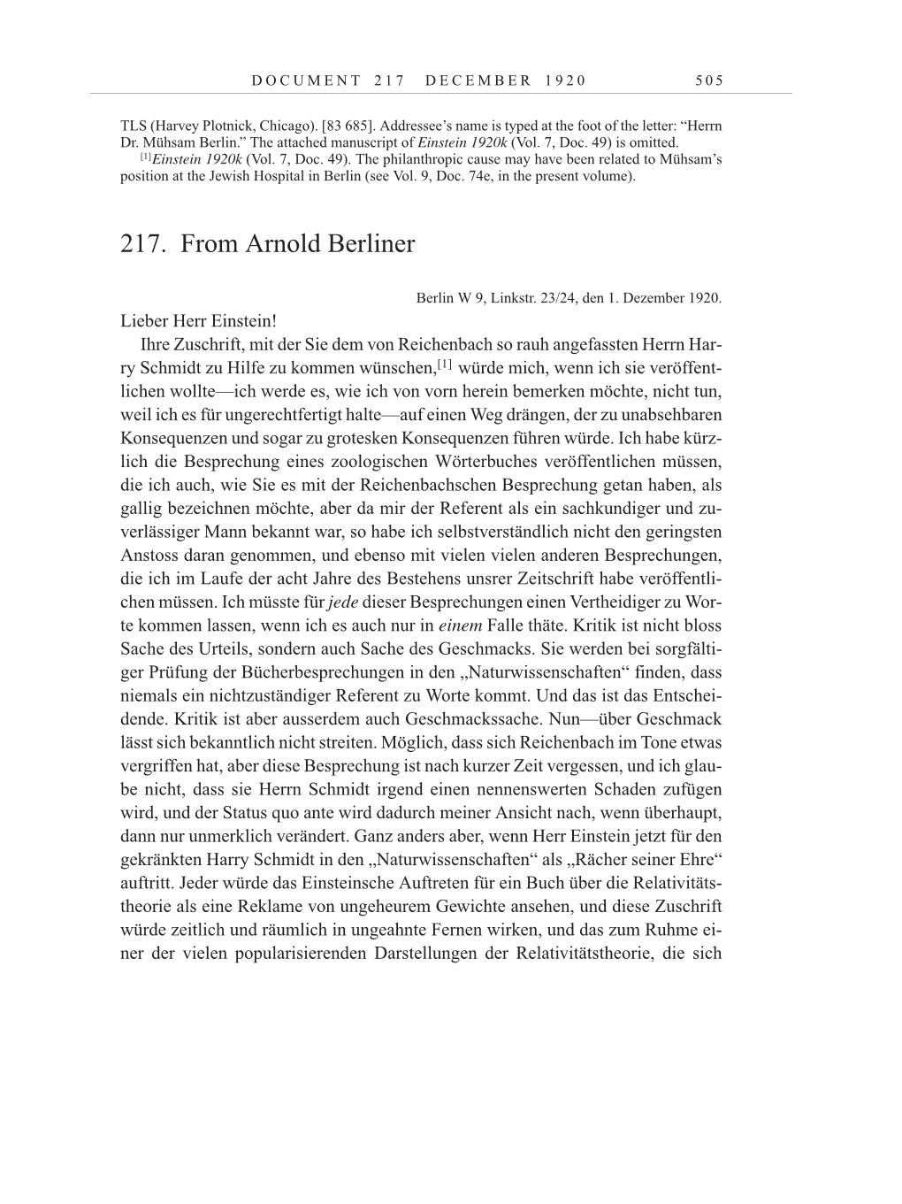 Volume 10: The Berlin Years: Correspondence May-December 1920 / Supplementary Correspondence 1909-1920 page 505