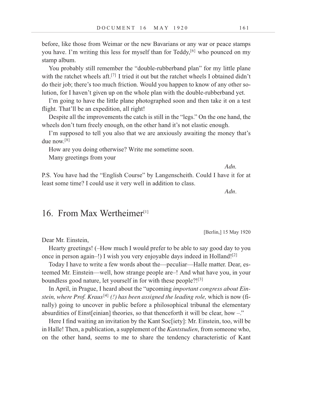 Volume 10: The Berlin Years: Correspondence, May-December 1920, and Supplementary Correspondence, 1909-1920 (English translation supplement) page 161