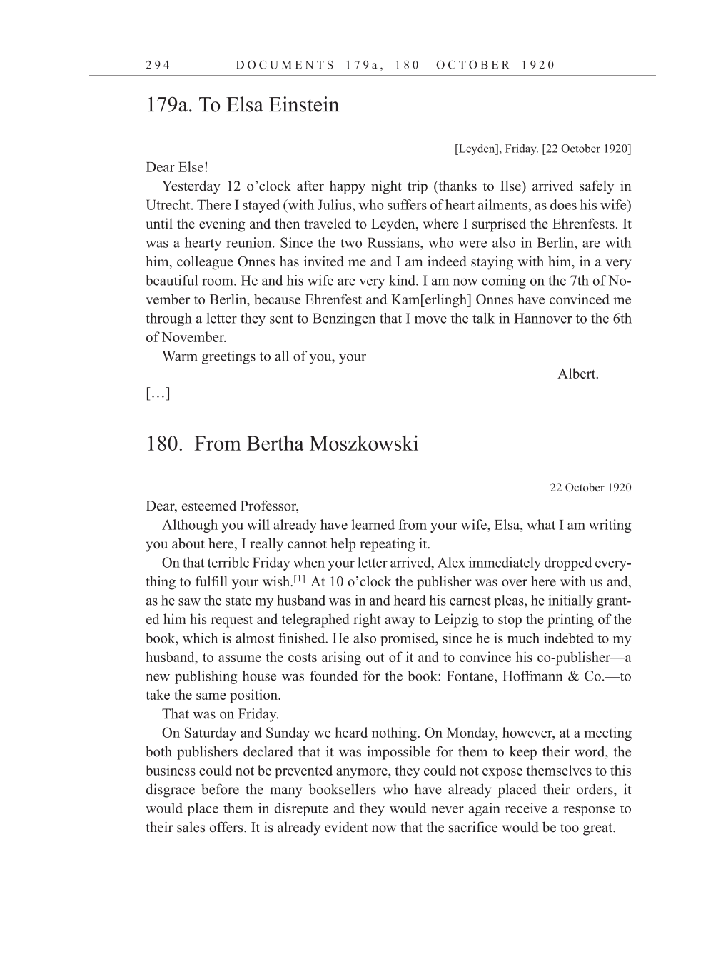Volume 10: The Berlin Years: Correspondence, May-December 1920, and Supplementary Correspondence, 1909-1920 (English translation supplement) page 294