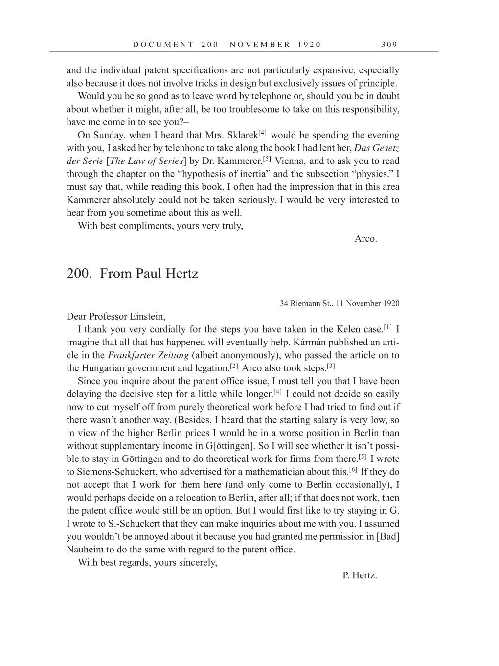 Volume 10: The Berlin Years: Correspondence, May-December 1920, and Supplementary Correspondence, 1909-1920 (English translation supplement) page 309