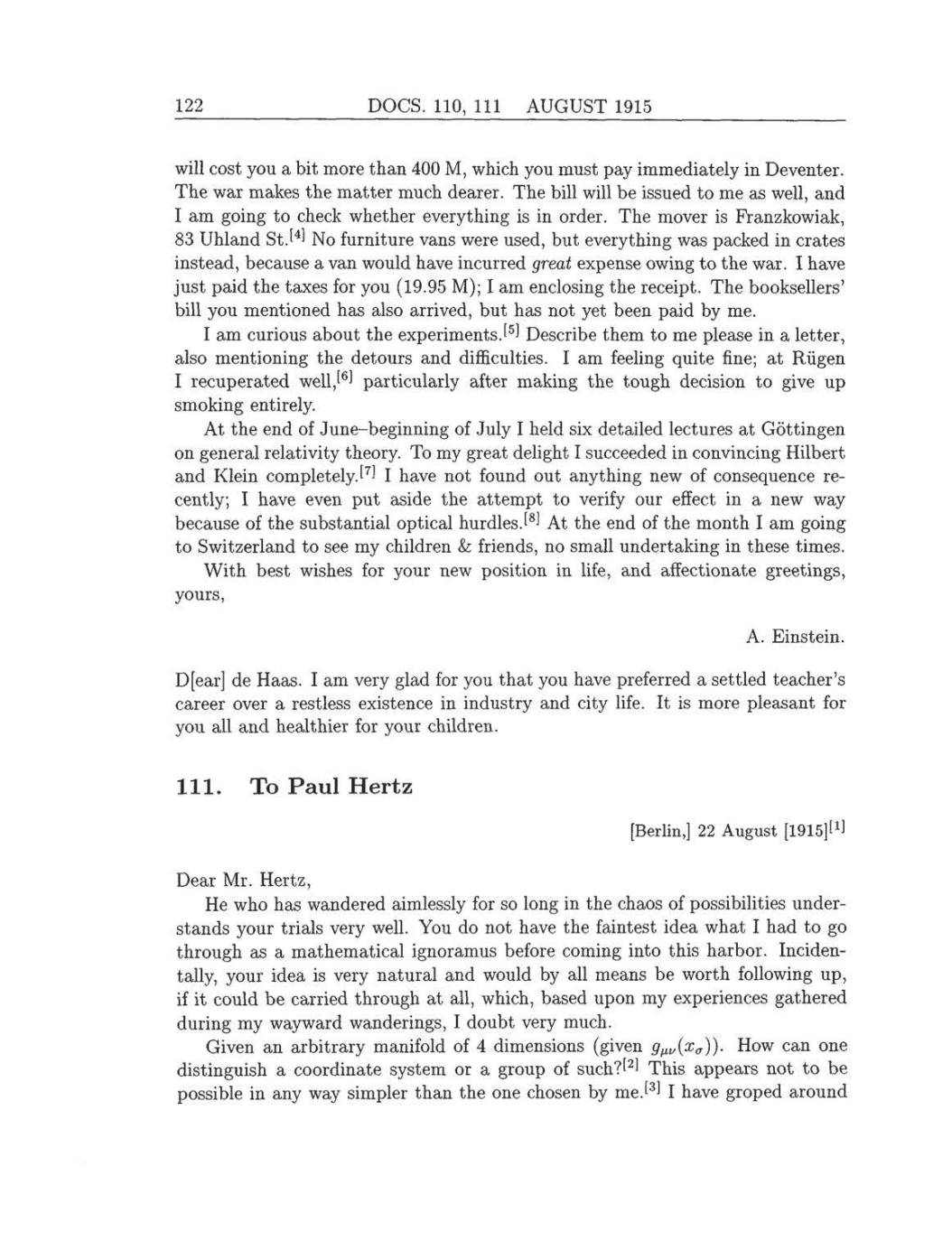 Volume 8: The Berlin Years: Correspondence, 1914-1918 (English translation supplement) page 122