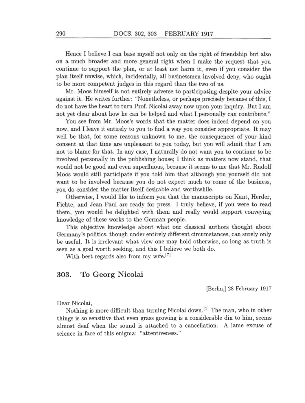 Volume 8: The Berlin Years: Correspondence, 1914-1918 (English translation supplement) page 290