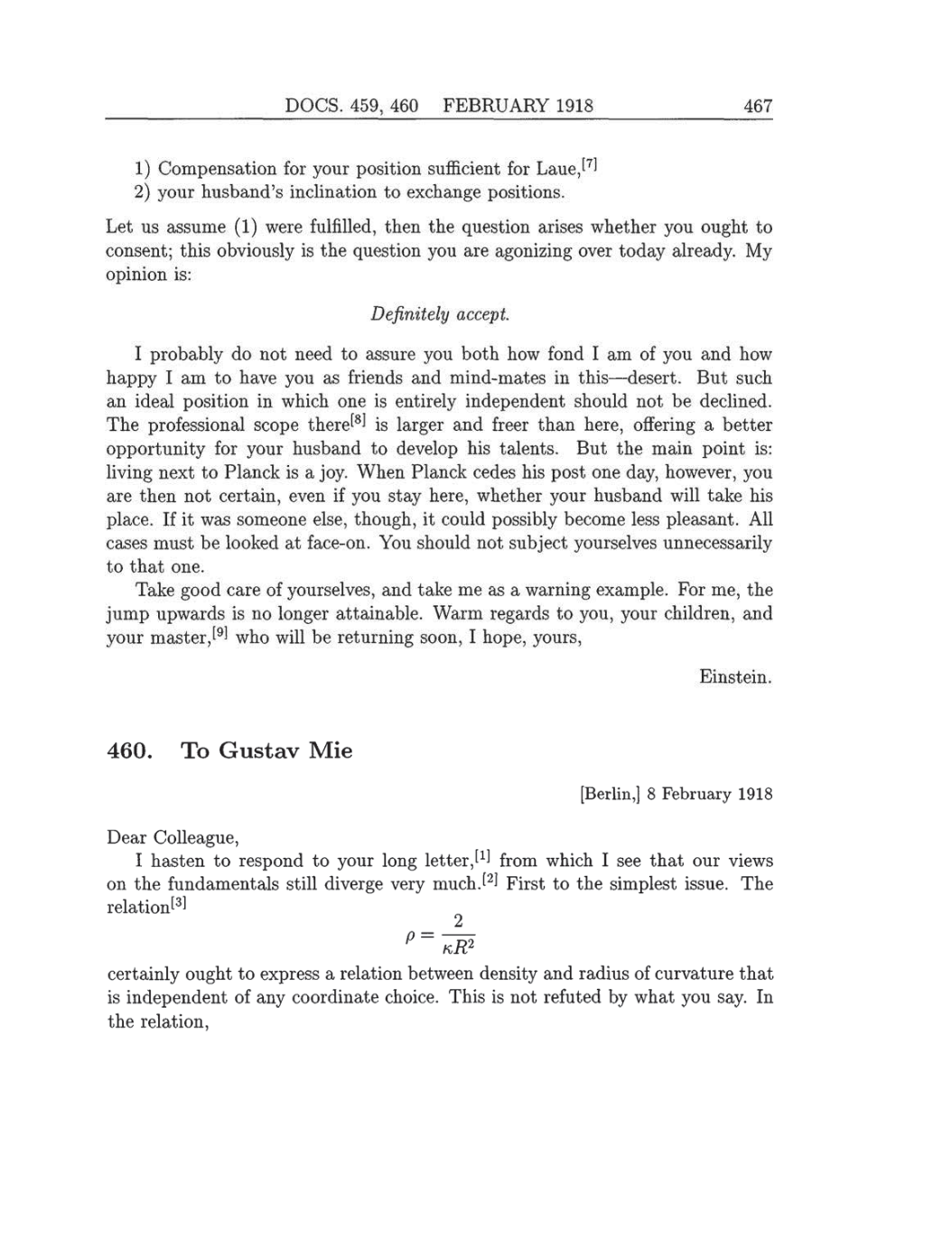 Volume 8: The Berlin Years: Correspondence, 1914-1918 (English translation supplement) page 467