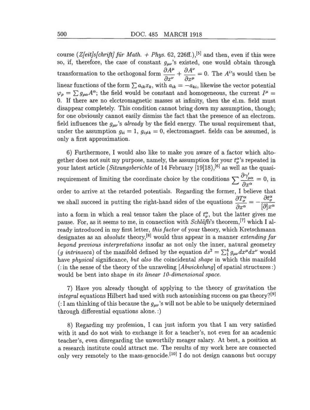 Volume 8: The Berlin Years: Correspondence, 1914-1918 (English translation supplement) page 500