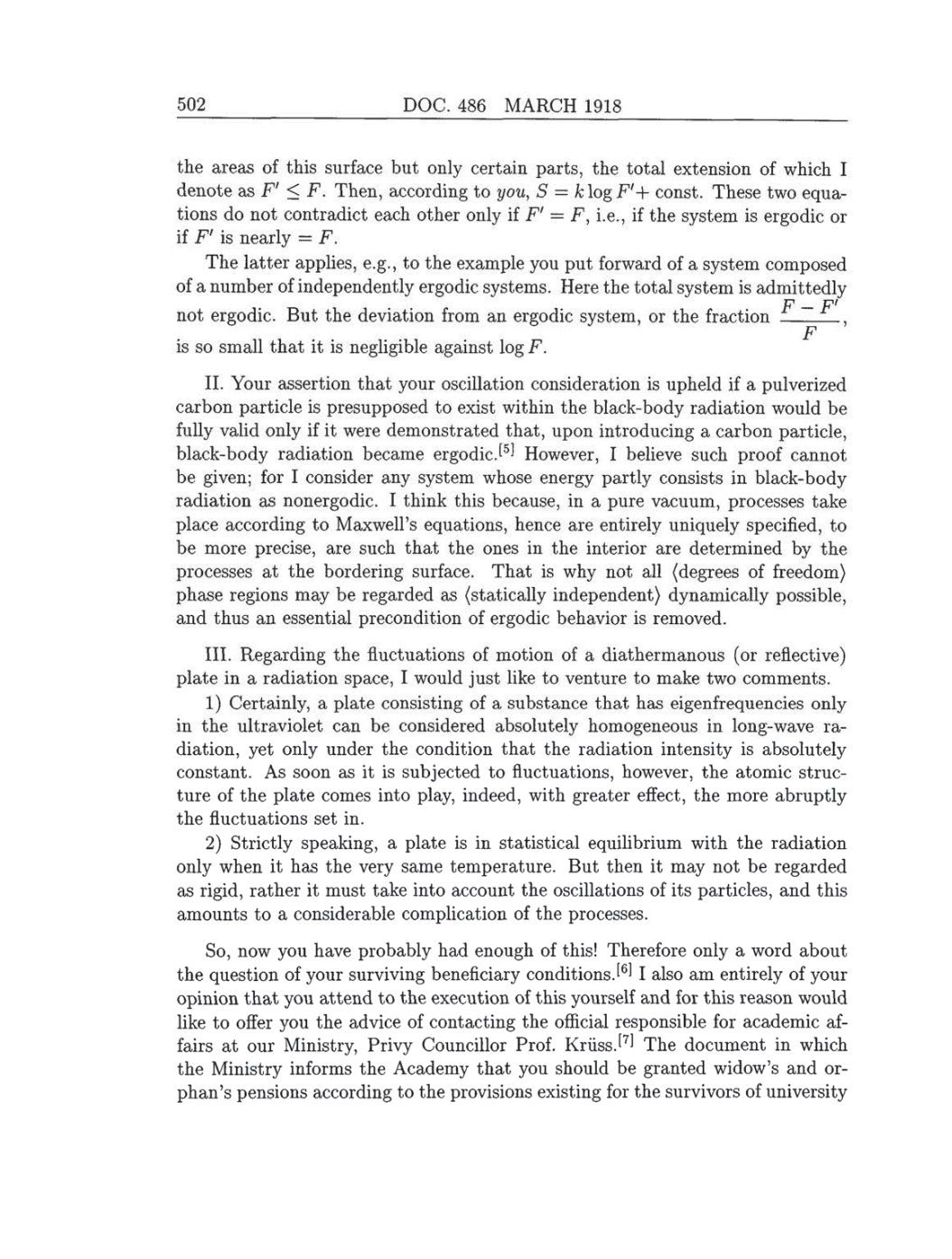 Volume 8: The Berlin Years: Correspondence, 1914-1918 (English translation supplement) page 502