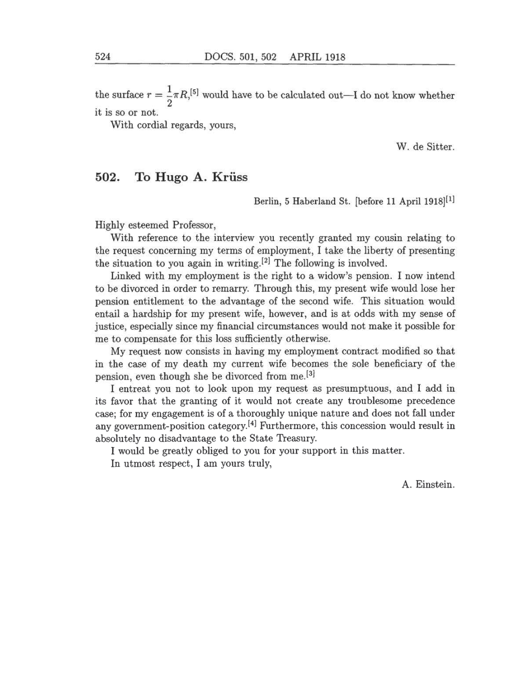 Volume 8: The Berlin Years: Correspondence, 1914-1918 (English translation supplement) page 524