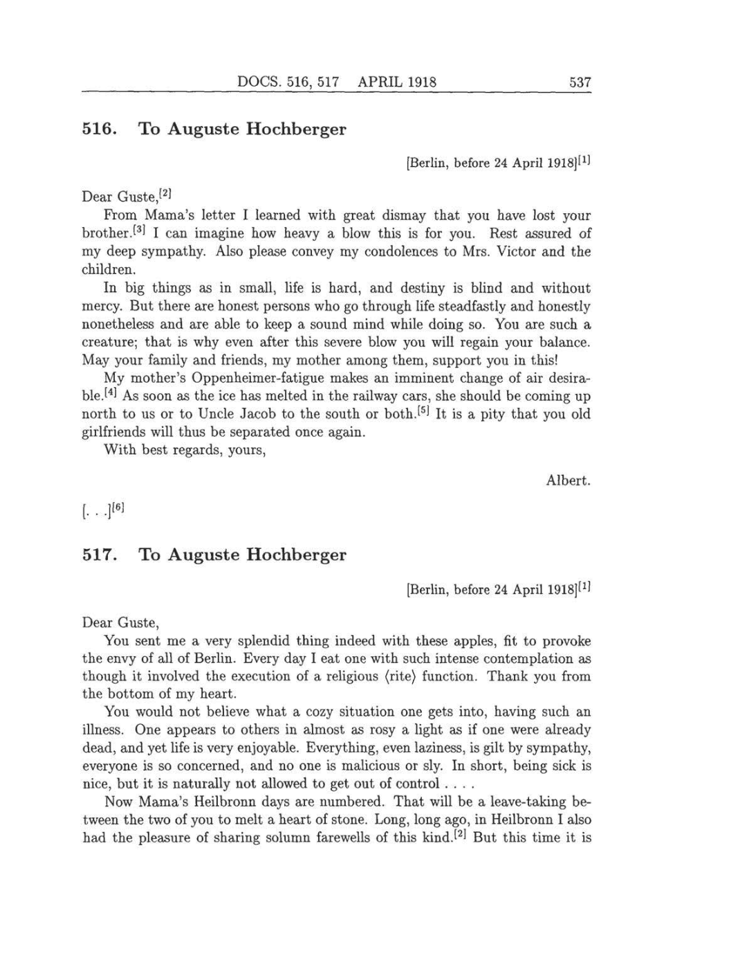 Volume 8: The Berlin Years: Correspondence, 1914-1918 (English translation supplement) page 537