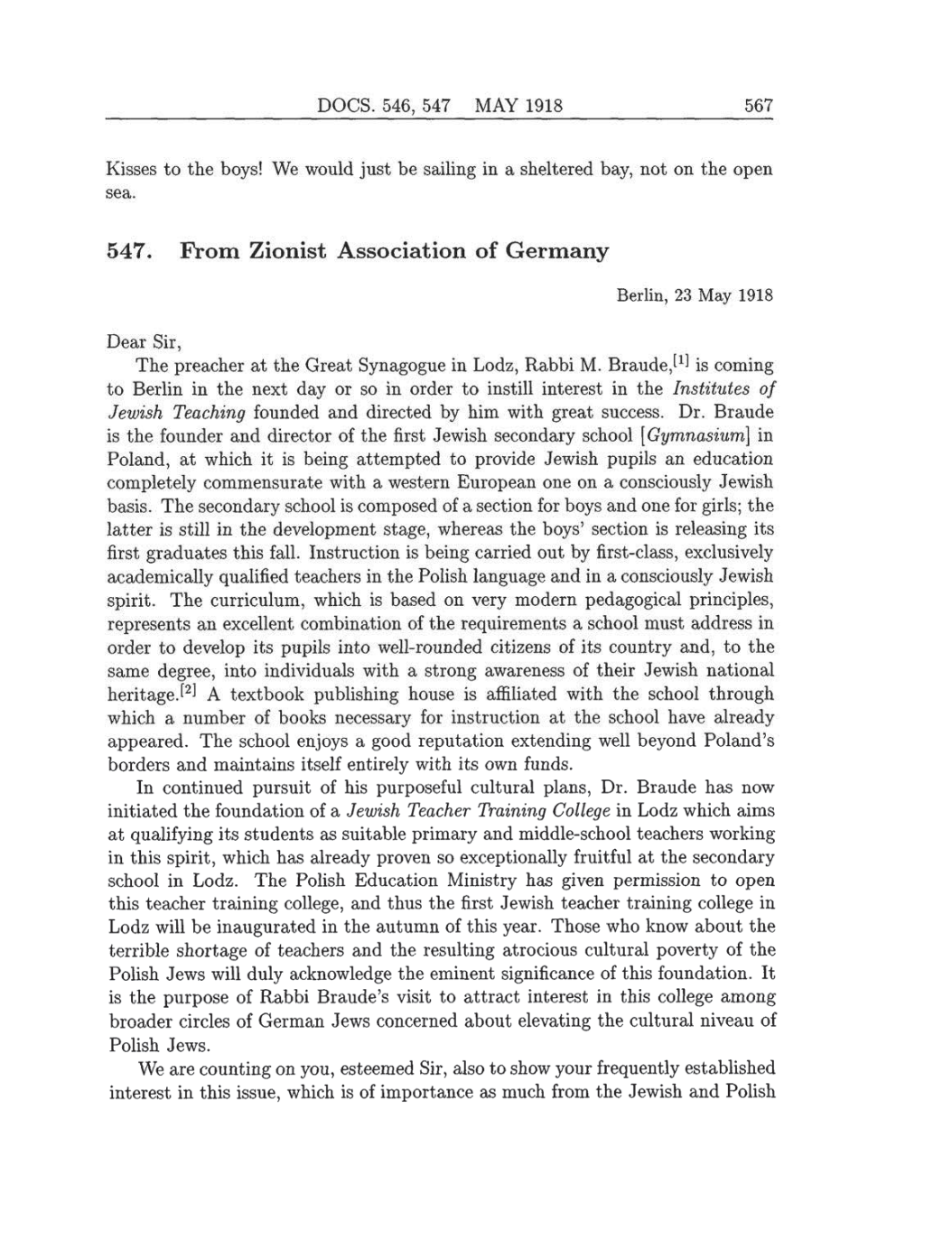 Volume 8: The Berlin Years: Correspondence, 1914-1918 (English translation supplement) page 567