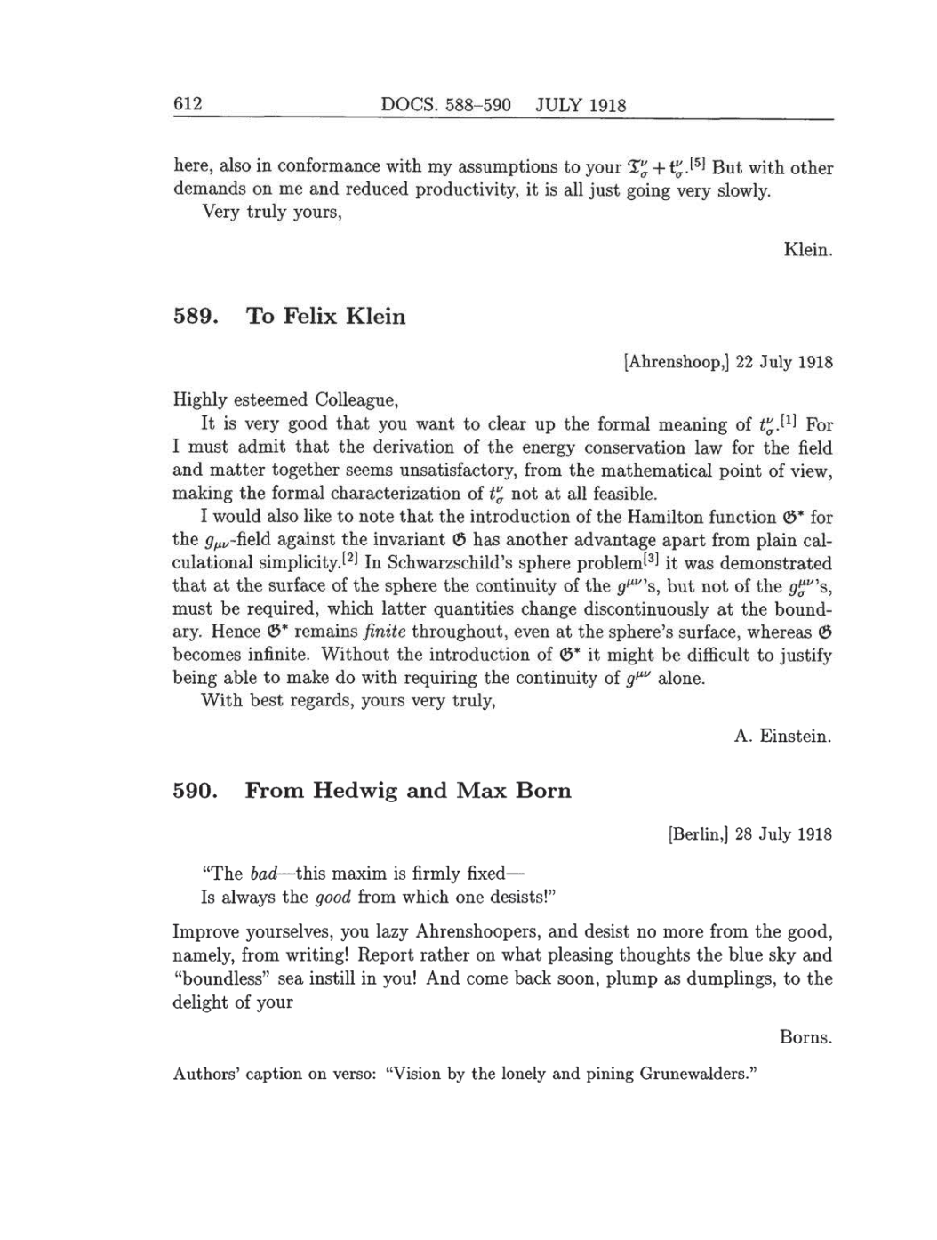 Volume 8: The Berlin Years: Correspondence, 1914-1918 (English translation supplement) page 612